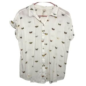 Grand & Greene Button Down White Butterfly Print Women Large L Blouse Shirt Top